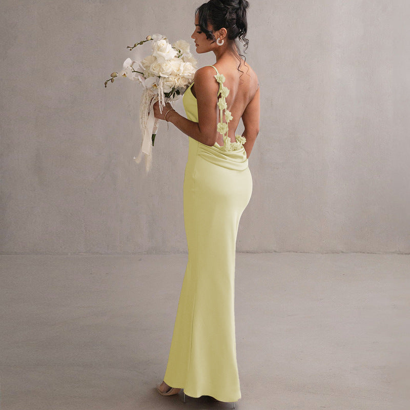 Damen Satin Maxikleid mit zarten Trägern und eleganter Drapierung EB