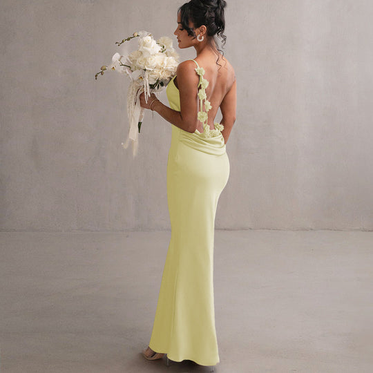 Damen Satin Maxikleid mit zarten Trägern und eleganter Drapierung EB