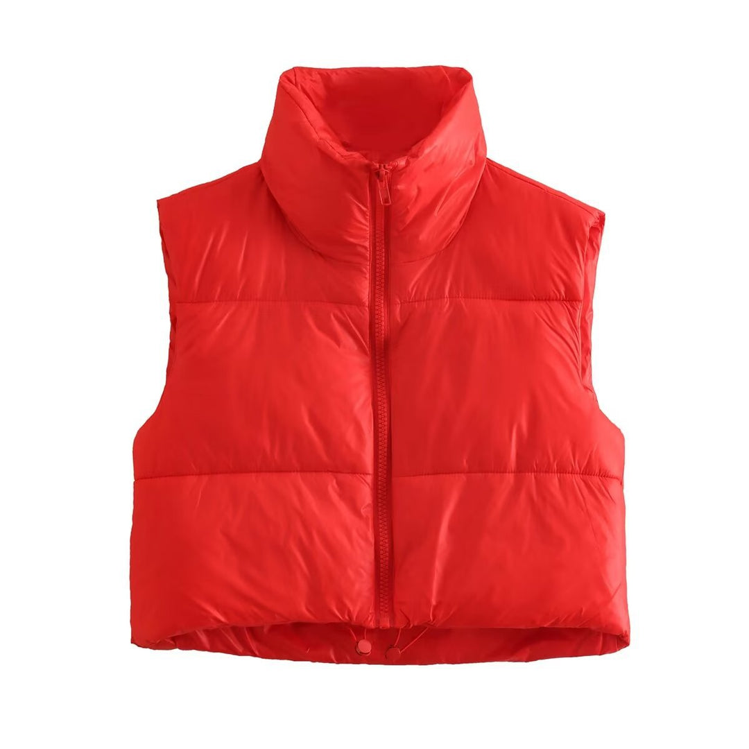 Damen cropped Daunenweste mit hohem Kragen und praktischen Taschen EB