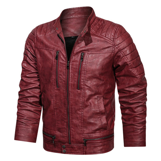 Herren Motorrad-inspirierte Lederoptikjacke mit Stehkragen und Ziernähten EB