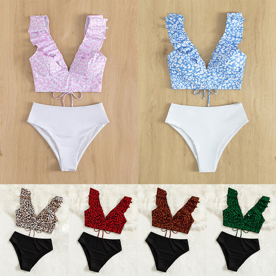 Damen Bikini-Set mit Rüschen und modischem Leo-Muster EB
