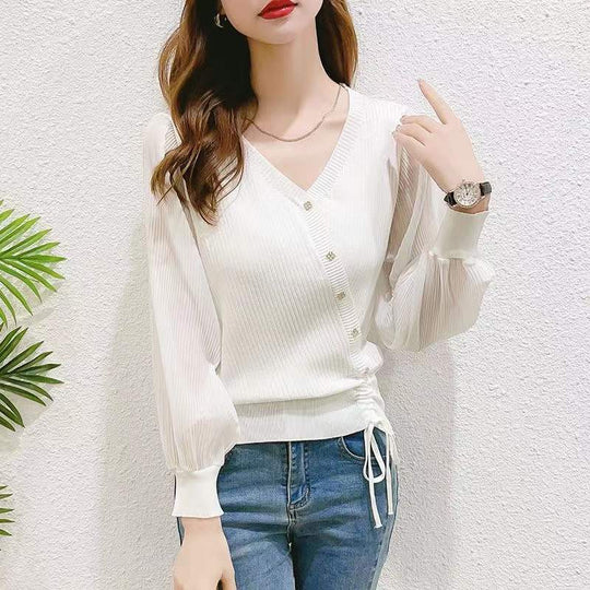 Damen eleganter Strickpullover mit Knopfdetails und transparenten Ärmeln EB