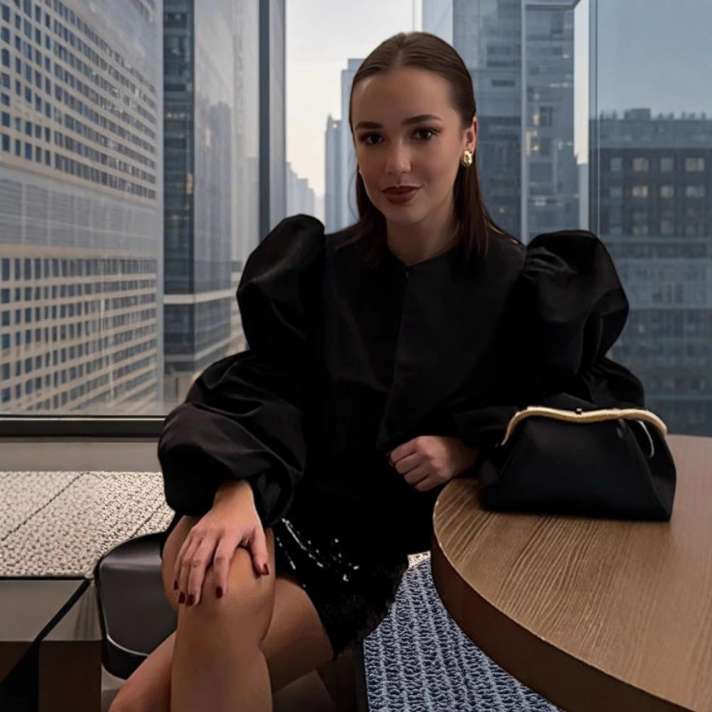 Damen Glamouröser Puffärmel Blazer mit schimmerndem Satin-Finish EB
