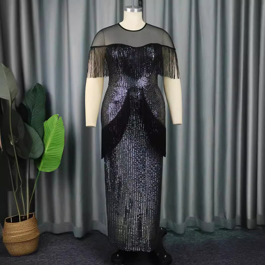 Damen Glamouröses Abendkleid mit Fransen und schimmerndem Obermaterial EB