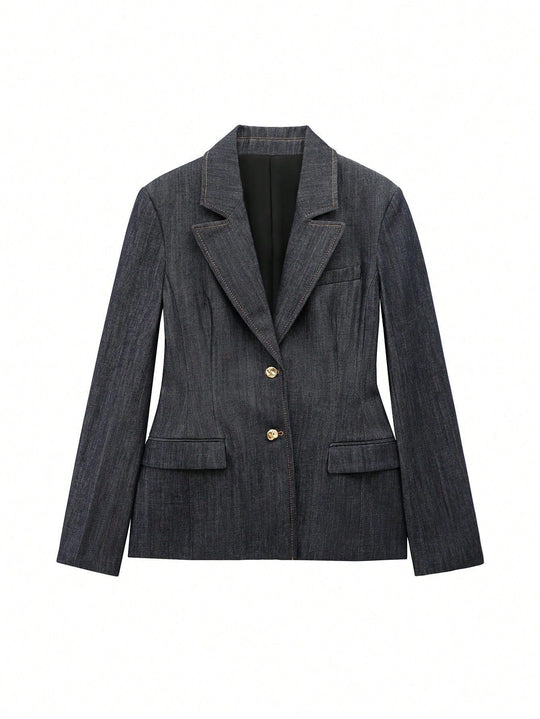 Damen taillierter Jeansblazer mit goldenen Knöpfen und praktischen Taschen EB