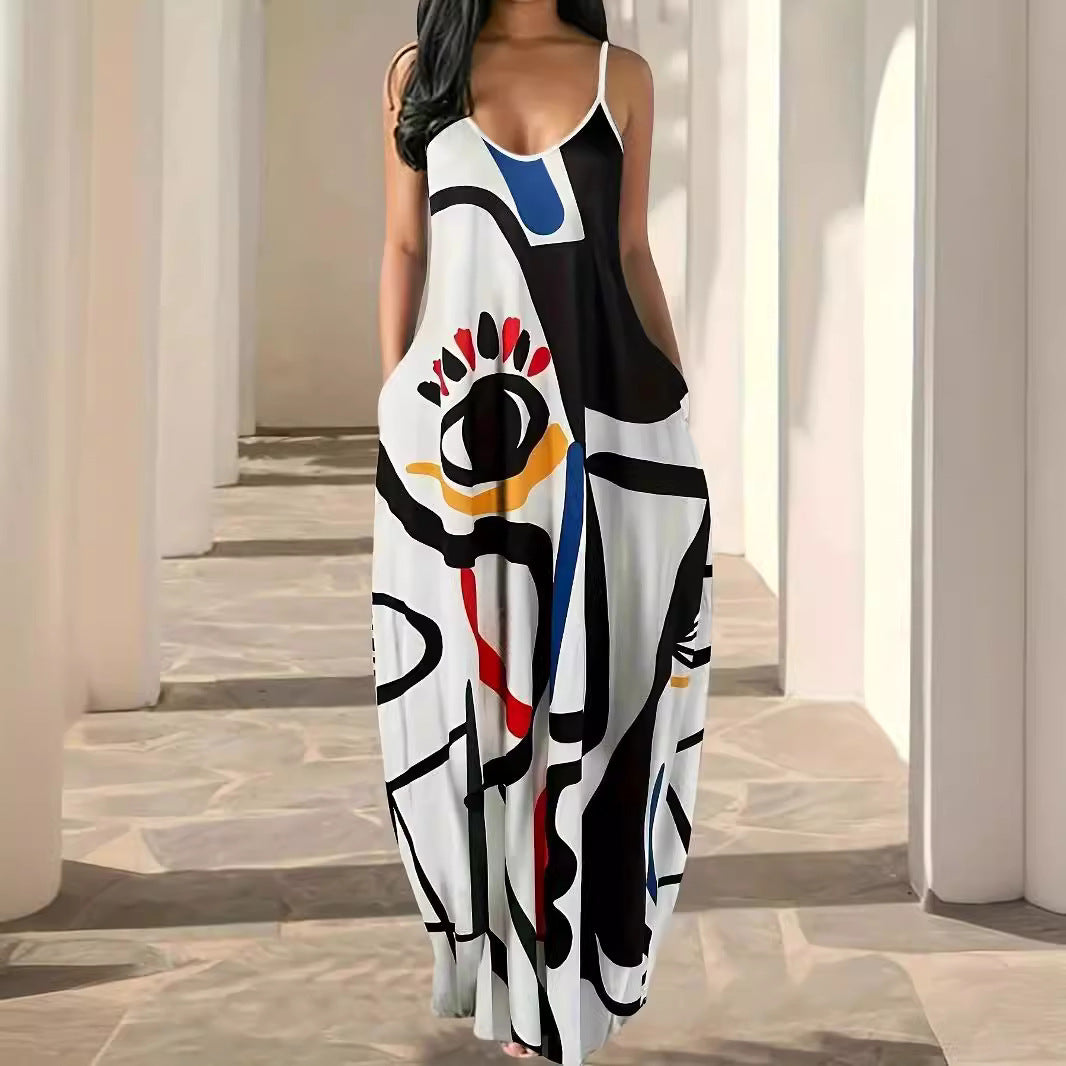 Damen Maxikleid mit modernem grafischen Print und schwingendem Saum EB