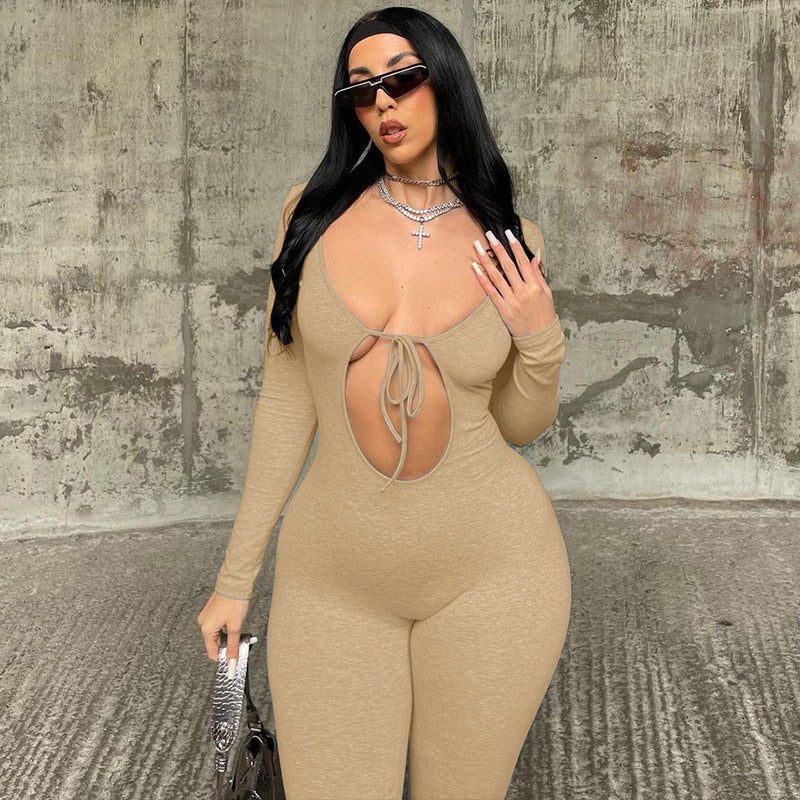 Damen Figurbetonter Langarm-Jumpsuit mit herzförmigem Ausschnitt und schnürbarem Detail EB