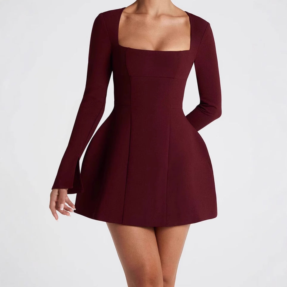 Damen Elegantes Minikleid mit Quadrat-Ausschnitt und ausgestellten Ärmeln EB