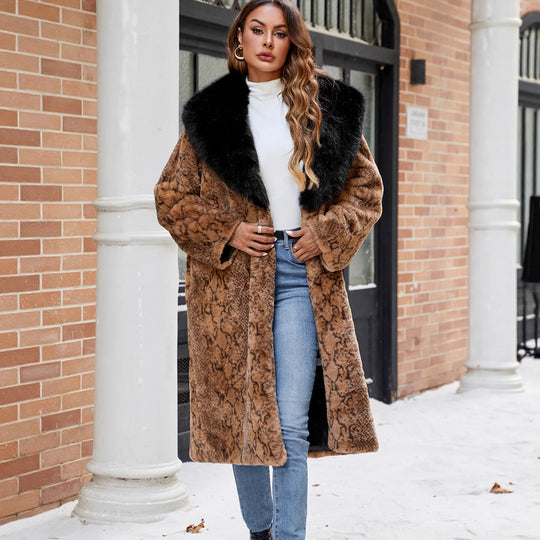 Damen Eleganter Kunstpelzmantel mit breitem Kragen EB
