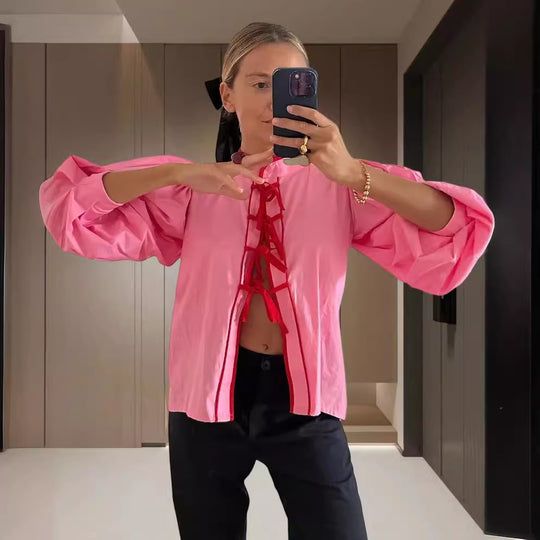Damen modische Bluse mit Kordelzug und Puffärmeln EB