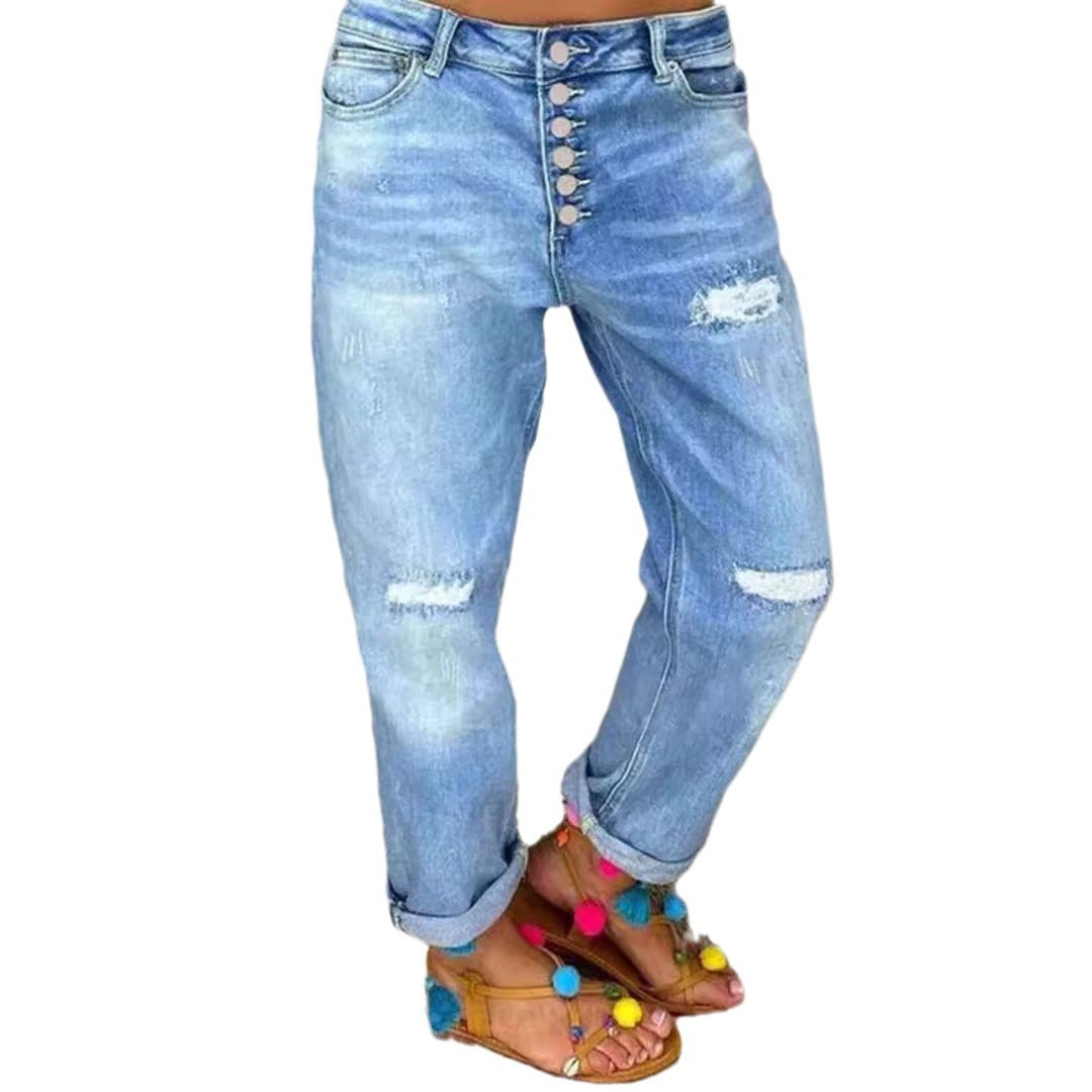 Damen Boyfriend Jeans mit Knopfverschluss und Distressed-Details EB