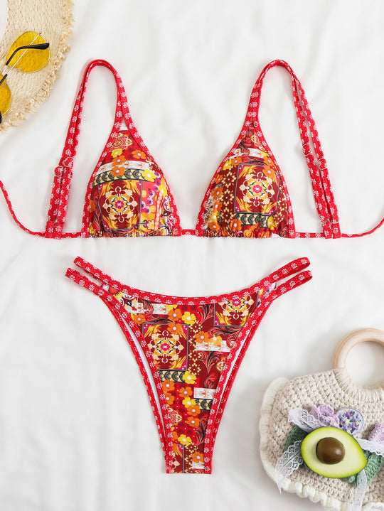Damen Triangel-Bikini-Set mit lebhaftem Strandmotiv EB