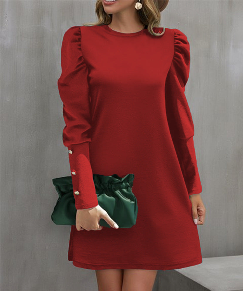 Damen nan elegantes A-Linien Minikleid mit gerafften Puffärmeln und dekorativen Manschettenknöpfen EB
