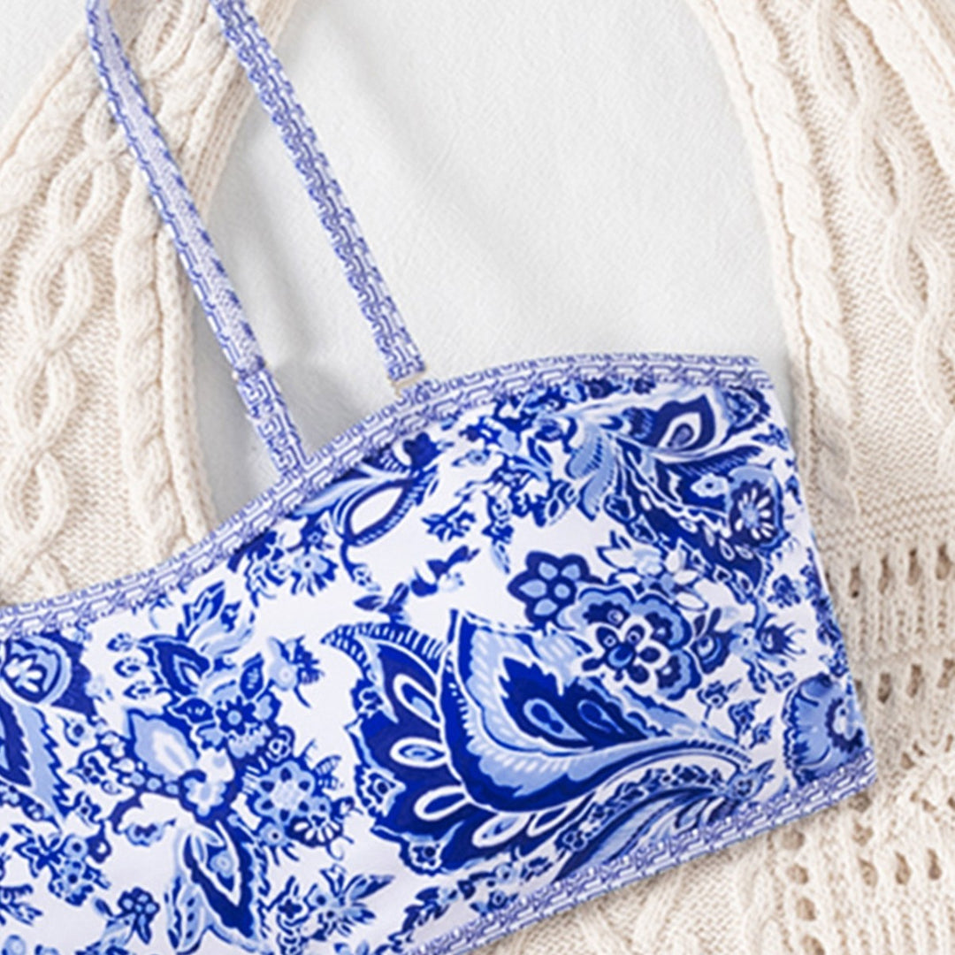 Damen Bandeau Bikini mit eleganter Blumenmusterung und verstellbaren Trägern EB