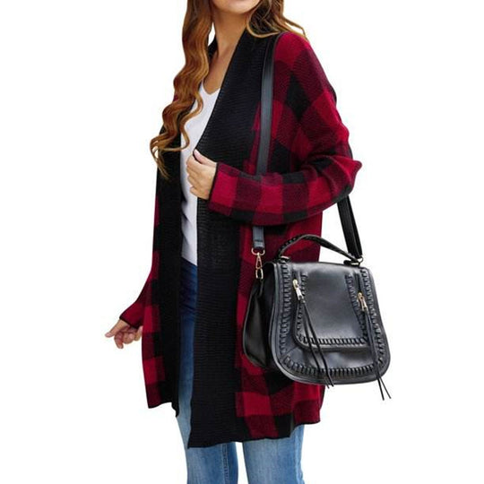 Damen lässiger Strickcardigan mit modernem Karomuster und offenen Fronten EB