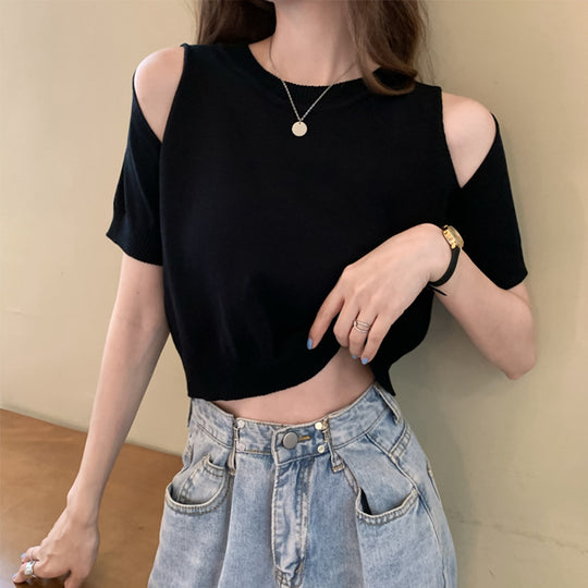 Damen Cropped Top mit schulterfreiem Design und modernem Strickmuster EB