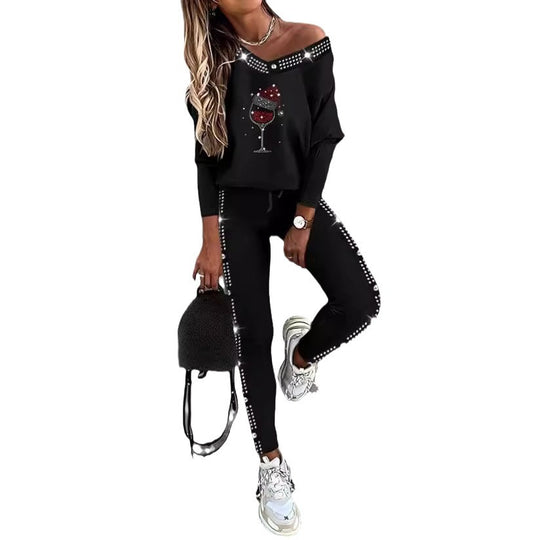 Damen Trendiges Freizeit-Outfit mit Off-Shoulder Oberteil und dekorativen Steinchen EB