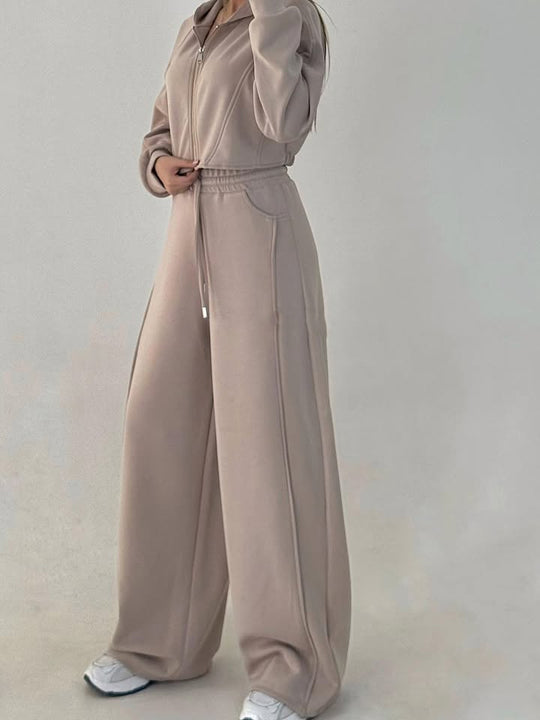 Damen nan weite Highwaist-Loungehose mit Tunnelzug, Eingrifftaschen und Ziernähten EB
