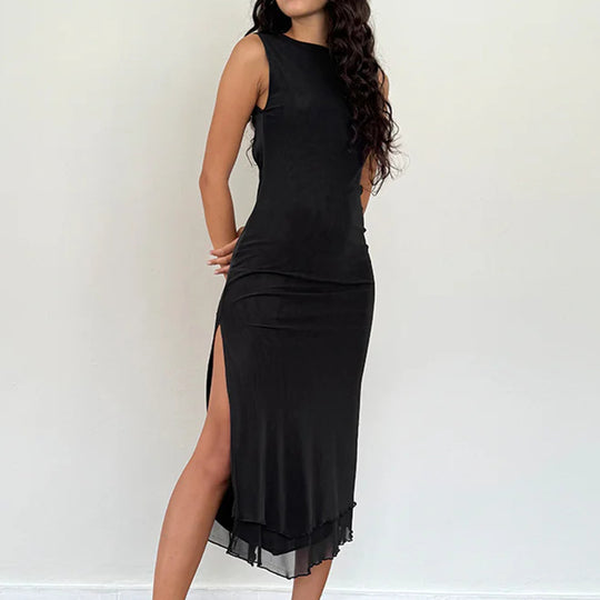 Damen zeitloses Maxikleid mit transparentem Saum EB