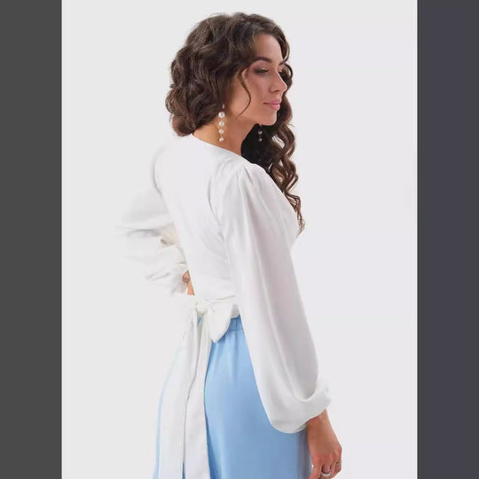 Damen Viskose Wrap-Bluse mit Puffärmel und tiefem V-Ausschnitt EB