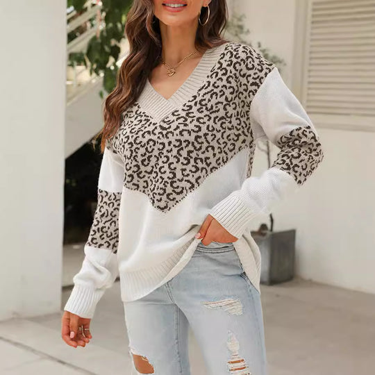 Damen Modischer Pullover mit einzigartigem Leopardenmuster und V-Ausschnitt EB