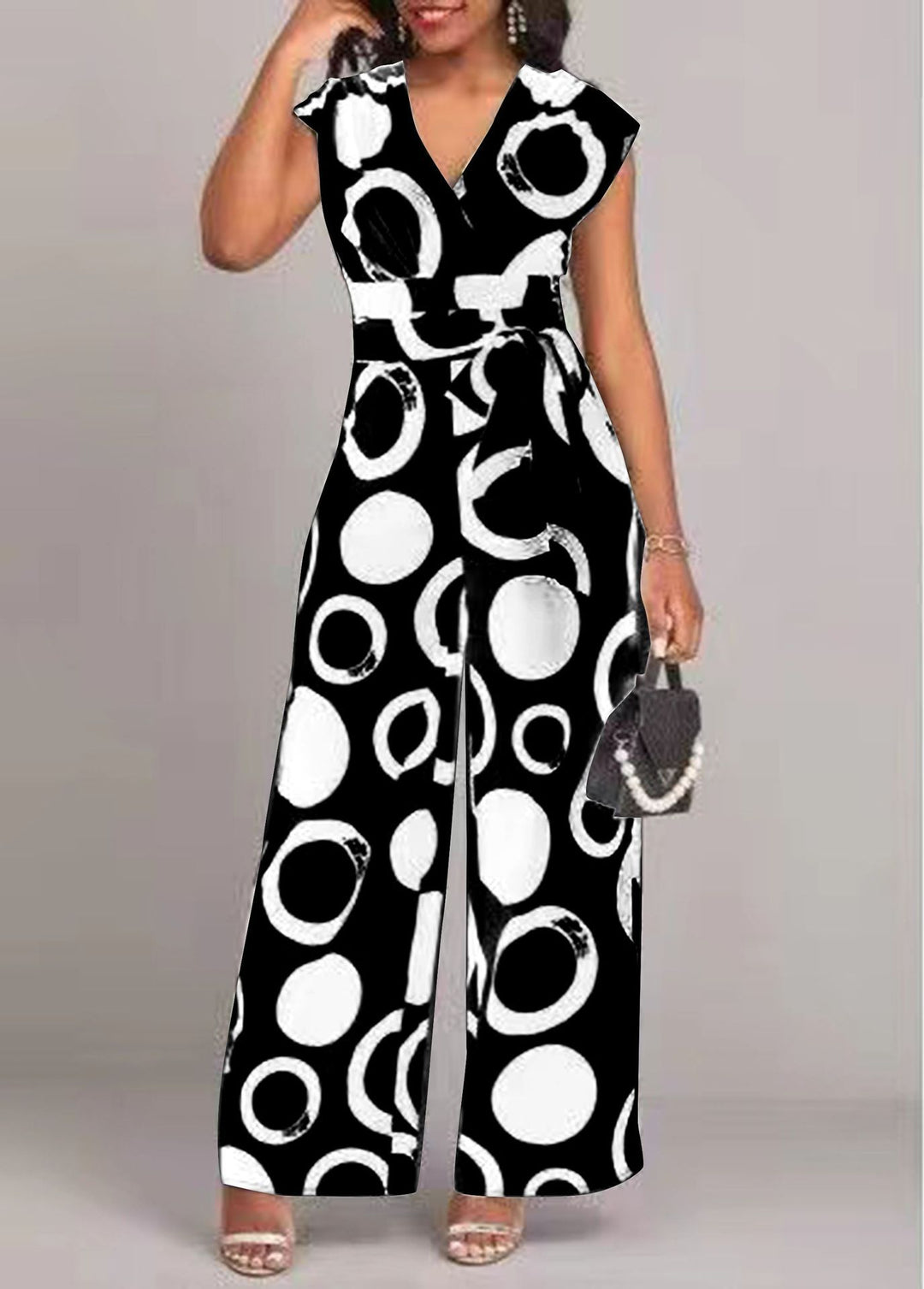 Damen Modischer Jumpsuit mit kurzem Arm und tiefem V-Ausschnitt EB