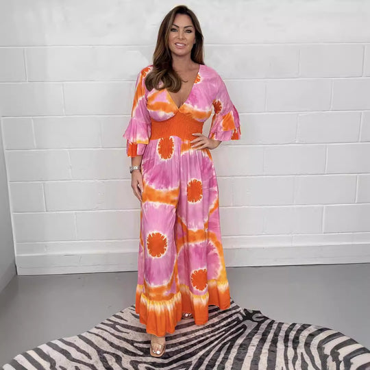 Damen Maxikleid mit asymmetrischen Ärmeln und einzigartigem Batik-Design EB