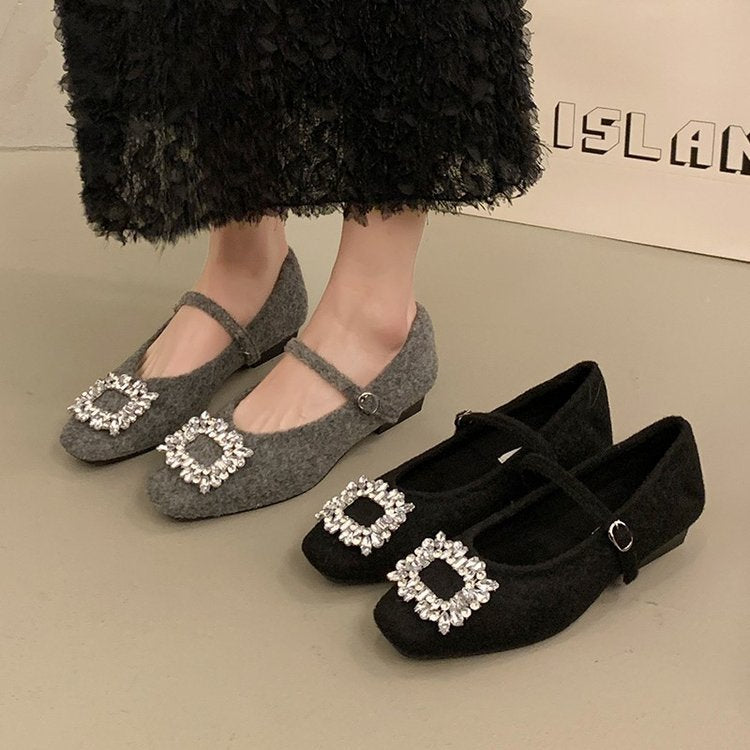 Damen Filz-Ballerinas mit eleganter Schnallenverzierung und funkelndem Kristallschmuck EB