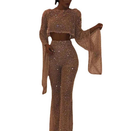 Damen Glitzerndes Zweiteiliges Set mit weitem Bein und langen Ärmeln EB