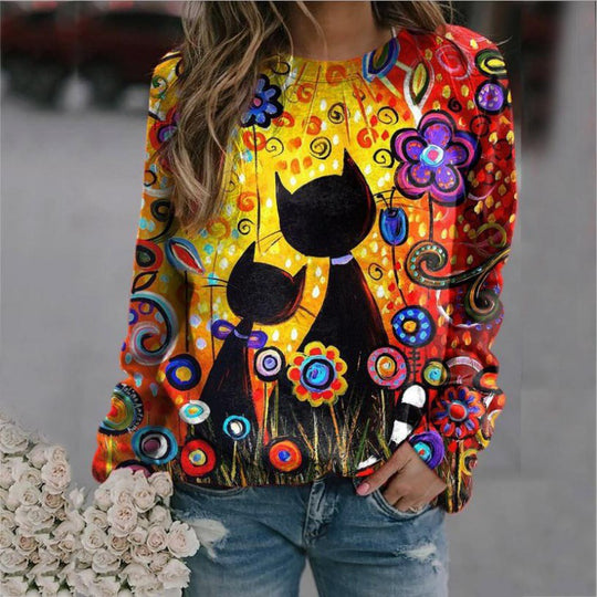 Damen Oversized-Sweatshirt mit künstlerischem Katzen-Print und floraler Musterung EB
