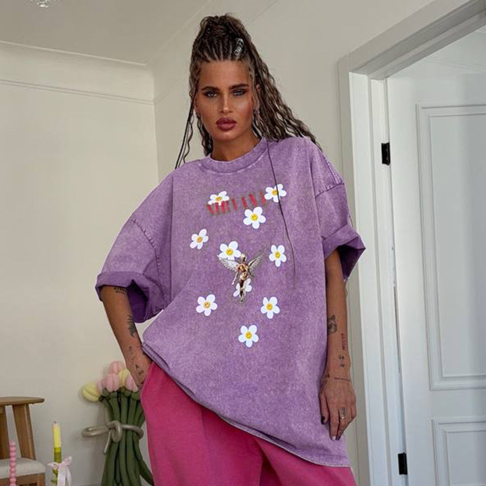 Damen Trendiges Oversized T-Shirt mit floralem Aufdruck EB