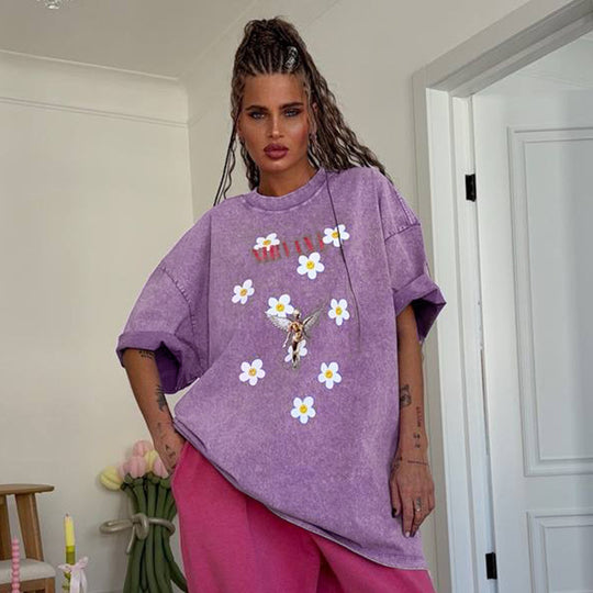Damen Trendiges Oversized T-Shirt mit floralem Aufdruck EB