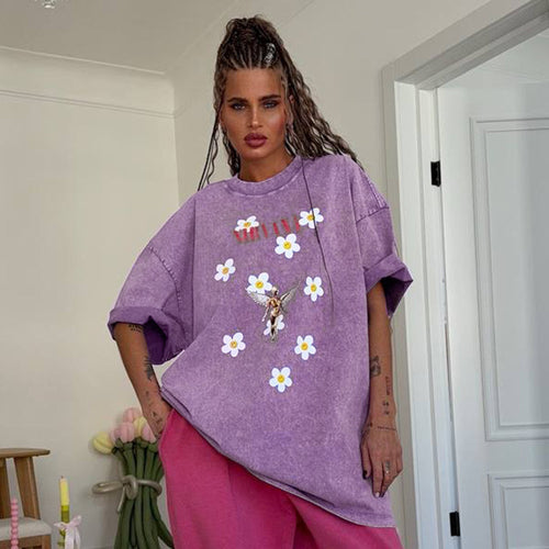 Damen Trendiges Oversized T-Shirt mit floralem Aufdruck EB