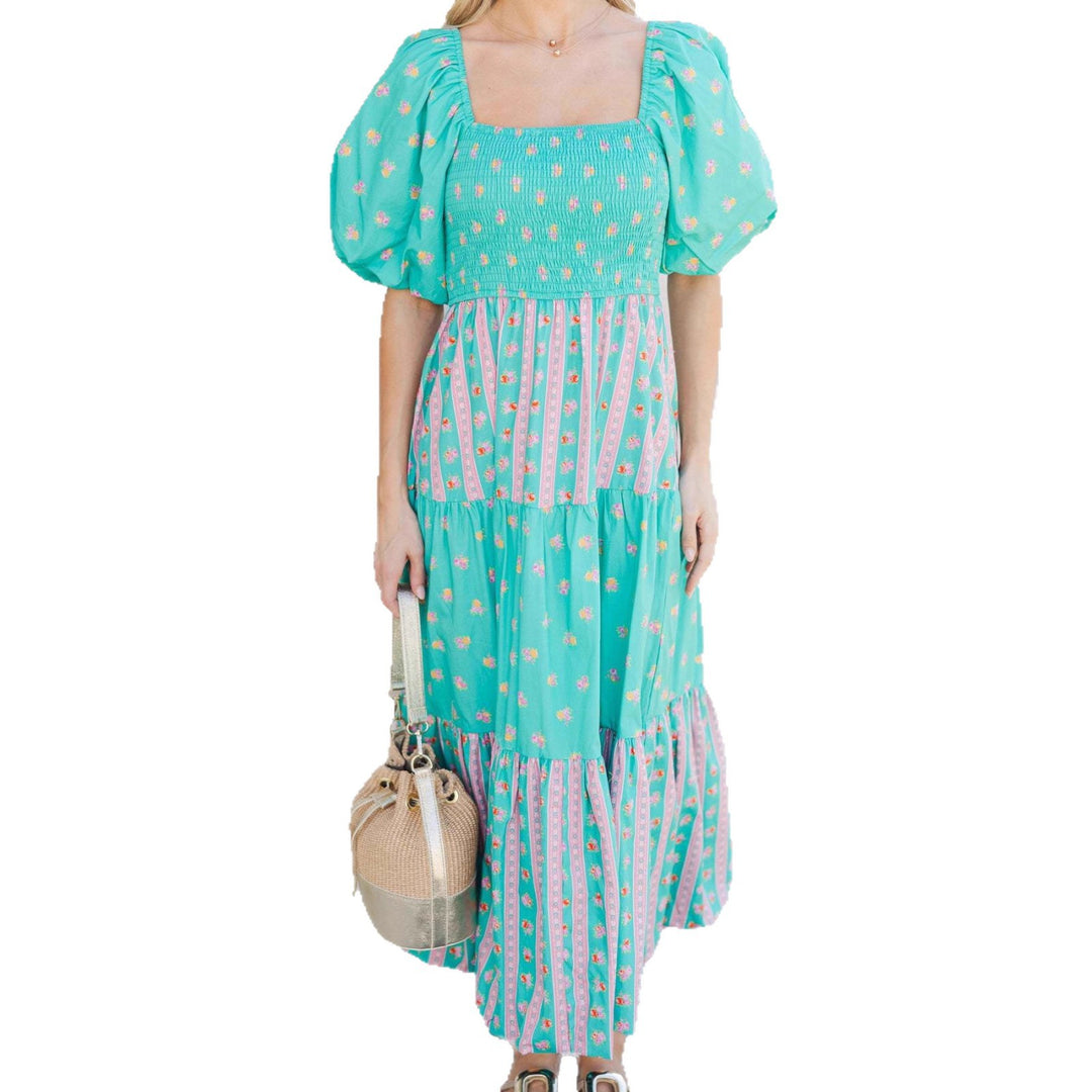 Damen Maxikleid mit gerafftem Oberteil und voluminösen Puffärmeln EB