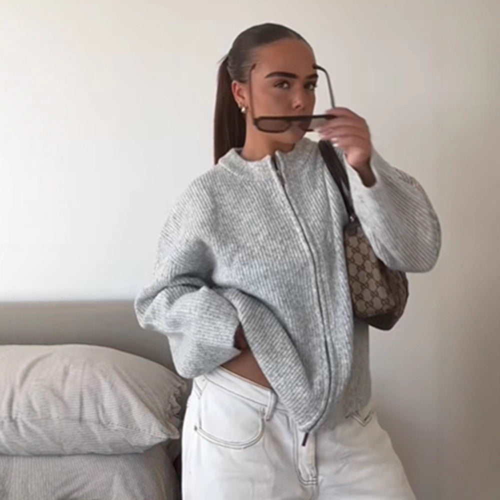 Damen kuschelige Strickjacke mit hohem Kragen und Reißverschluss EB