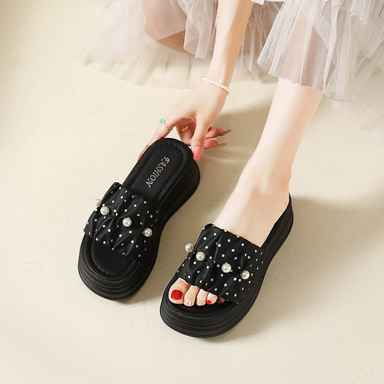 Damen elegante Plateausandalen mit Perlenschmuck EB
