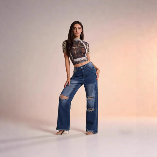 Damen nan hochgeschnittene Relaxed-Jeans mit weitem Bein, Knie-Rips und rohem Saum EB