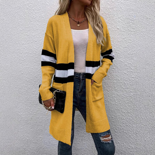 Damen Langarm Strickcardigan mit modernen Streifen und praktischen Taschen EB