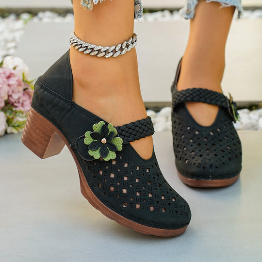 Damen elegante Pantoletten mit floralem Dekor und geflochtenem Riemen EB