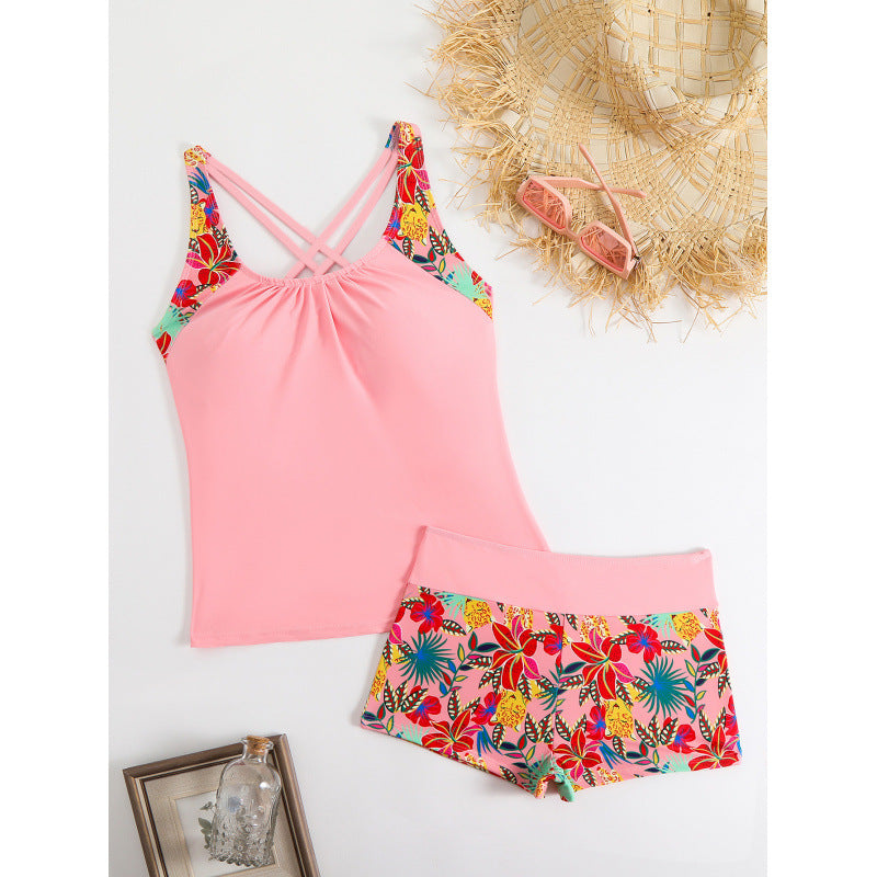 Damen Sportliches Badeanzug-Set mit Cross-Back-Design und Blumenmuster EB