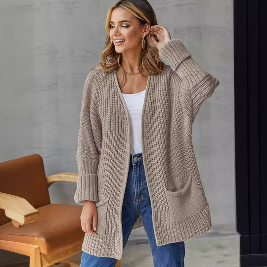 Damen gestrickter Cardigan mit großzügigen Taschen und strukturiertem Design EB