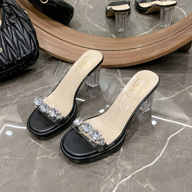 Damen Glamouröse Plateau-Sandalen mit durchsichtigen Riemen und funkelnden Kristall-Akzenten EB