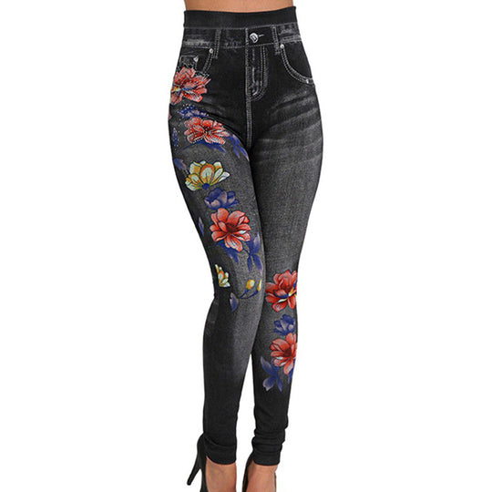 Damen Hochtaillierte Leggings im Jeans-Look mit floralem Motiv EB