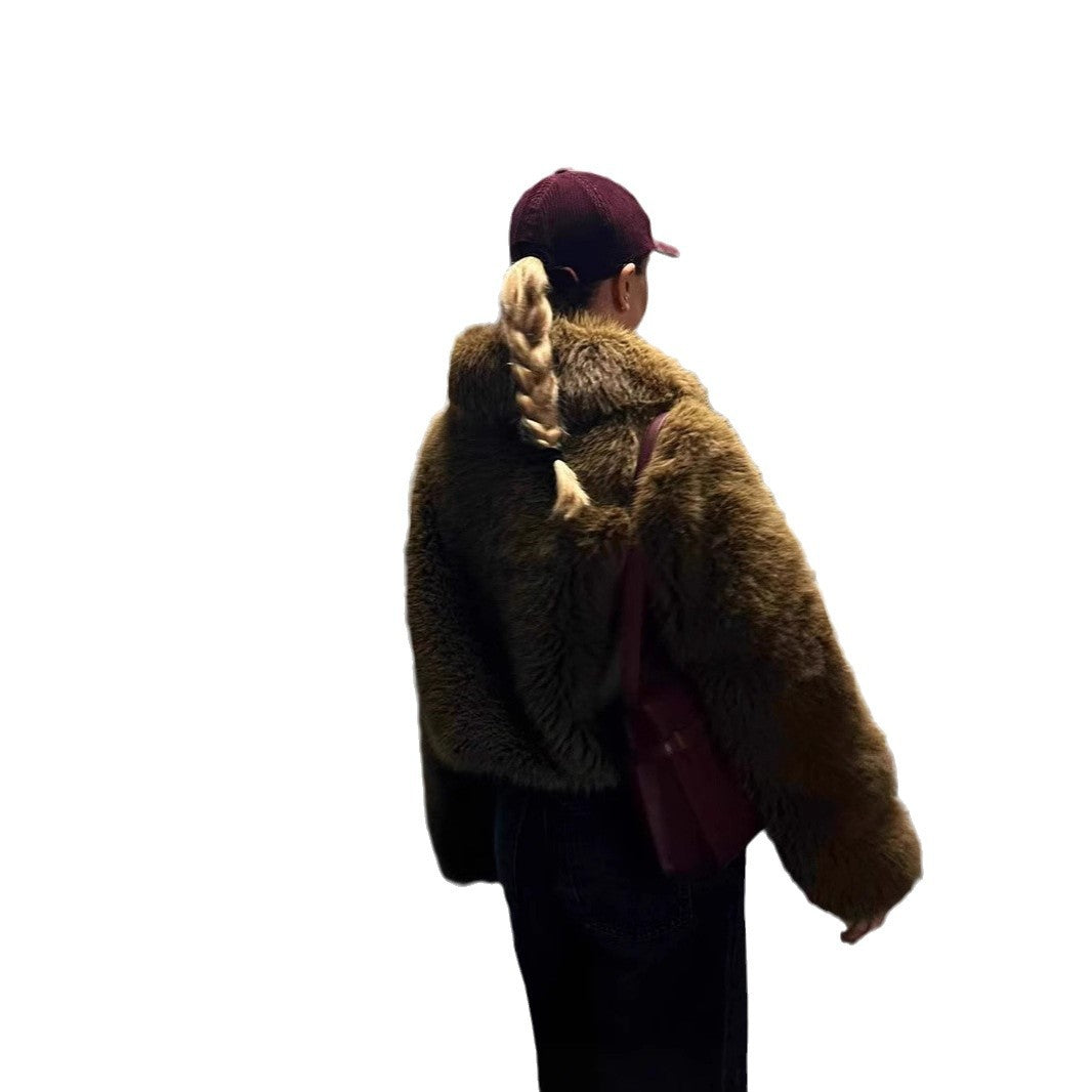 Damen Modische Kunstfelljacke mit cropped Schnitt und voluminösen Ärmeln EB