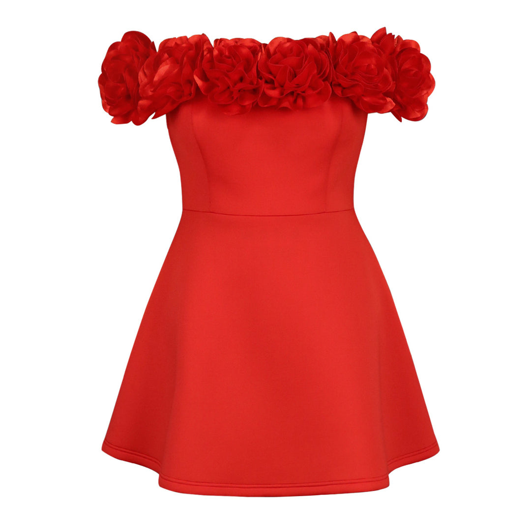 Damen Kleid mit Off-Shoulder Design und volumetrischem Blütenkragen EB