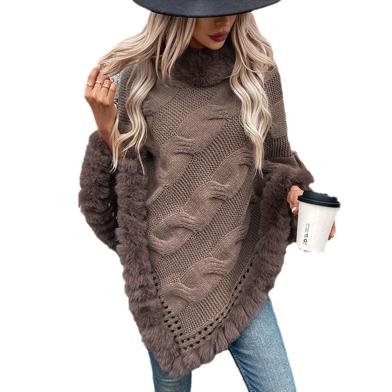 Damen kuschelige Strick-Poncho mit weichem Kunstfellbesatz und Zopfmuster EB