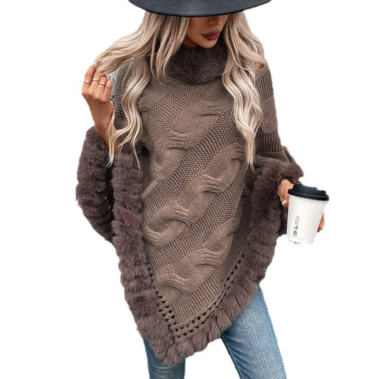 Damen kuschelige Strick-Poncho mit weichem Kunstfellbesatz und Zopfmuster EB