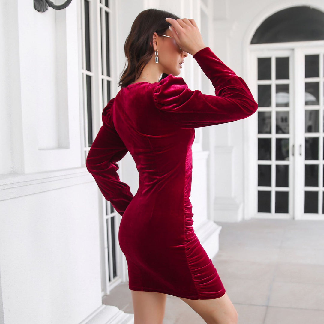 Damen figurbetontes Wickelkleid mit Puffärmeln und raffiniertem Ausschnitt EB