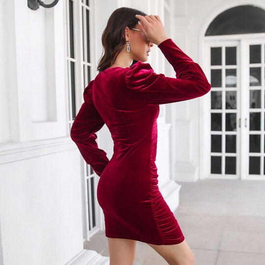 Damen figurbetontes Wickelkleid mit Puffärmeln und raffiniertem Ausschnitt EB