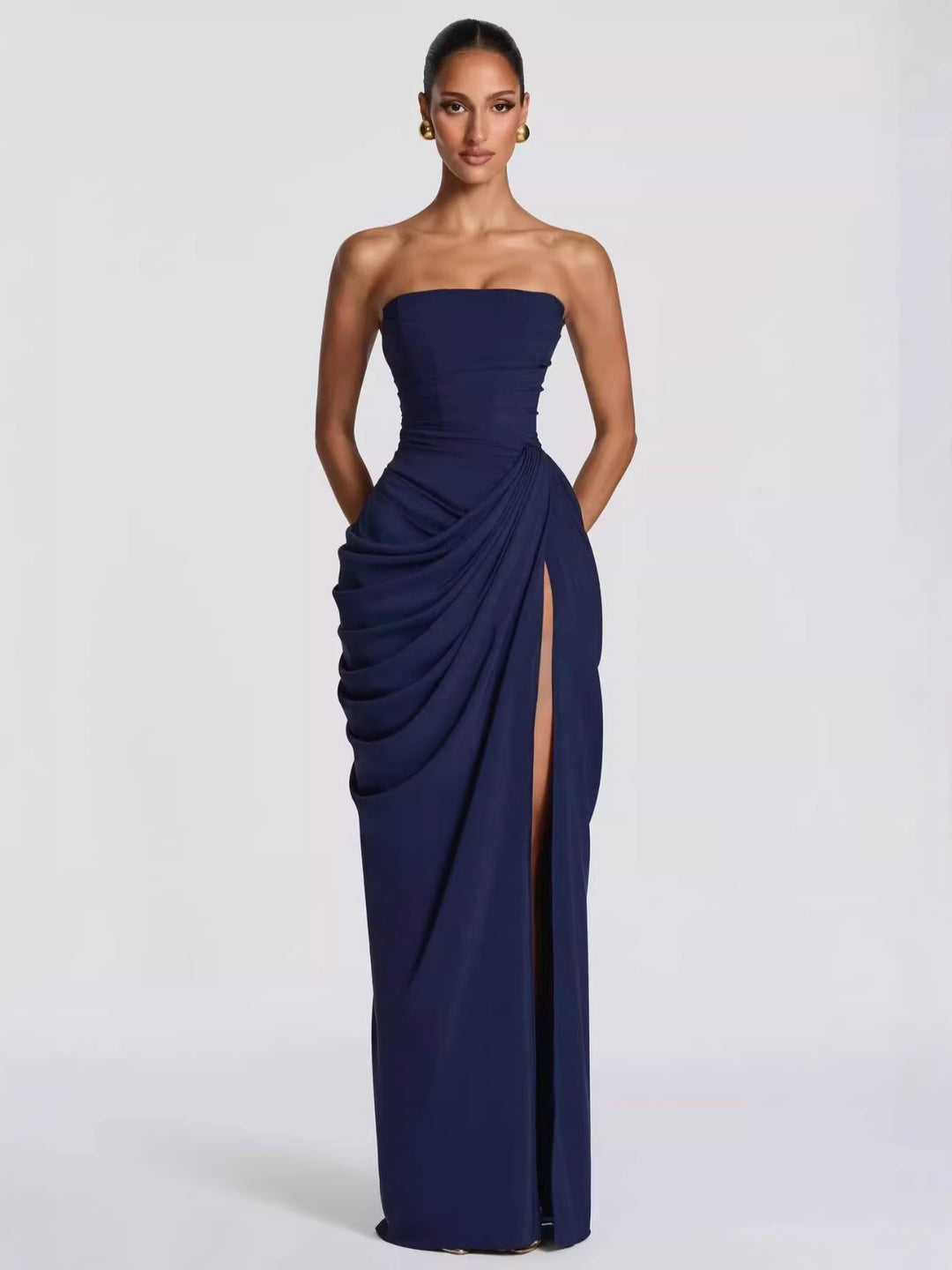 Damen Elegantes Bandeau Abendkleid mit Raffungen und Beinschlitz EB